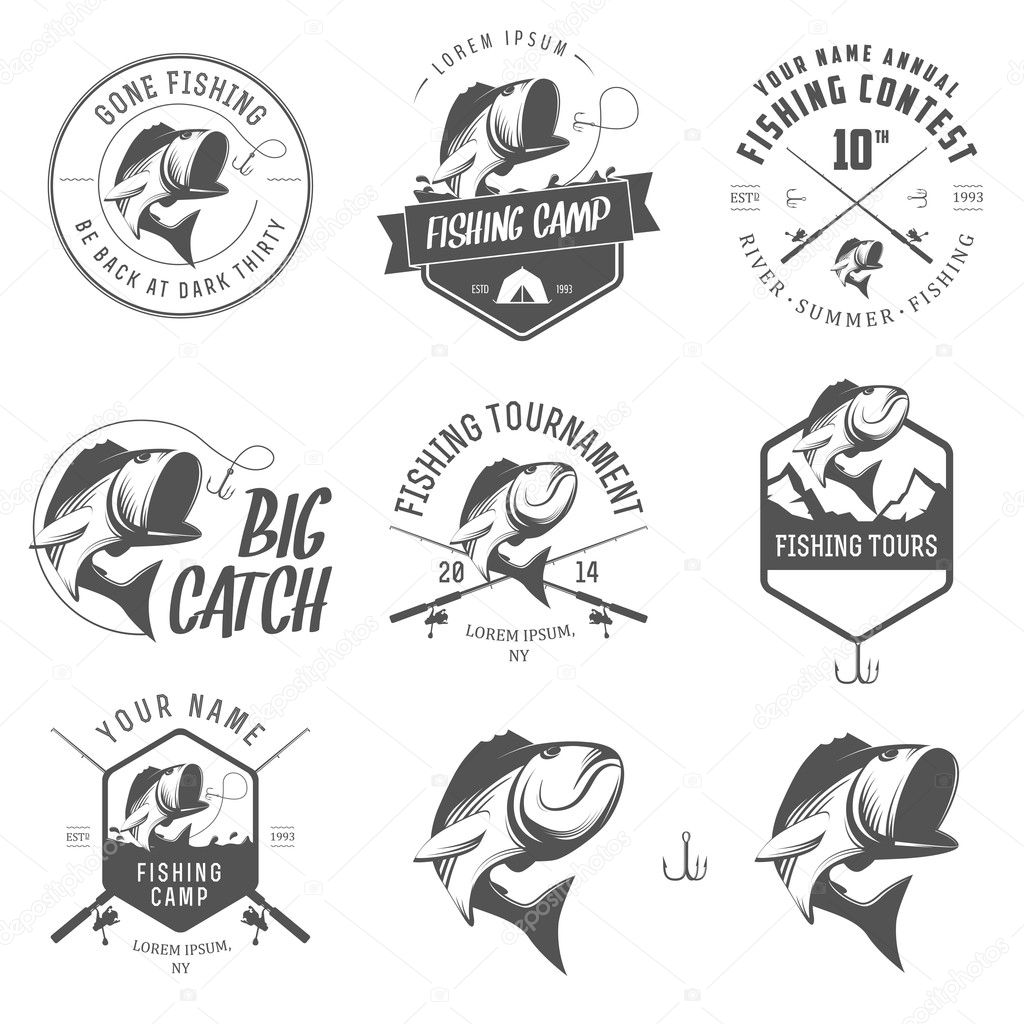 Set of vintage fishing labels, badges and design elements isolated on white background