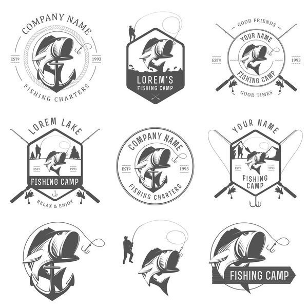 Set of vintage fishing labels, badges and design elements