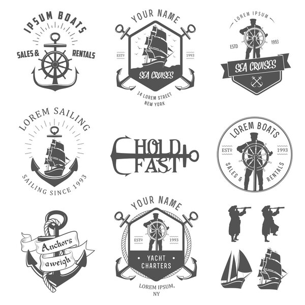Набор винтажных морских этикеток, иконок и элементов дизайна
