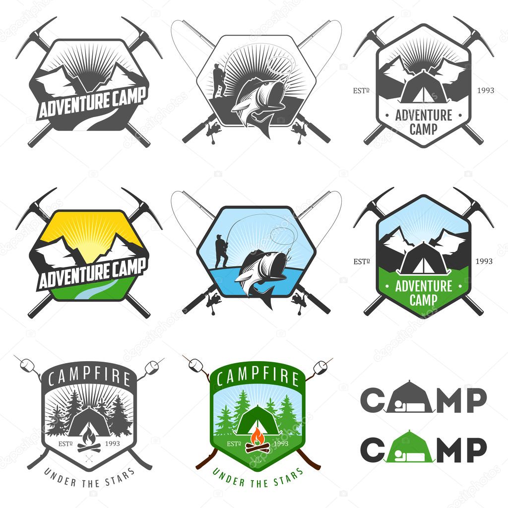 Set of vintage camping labels and badges