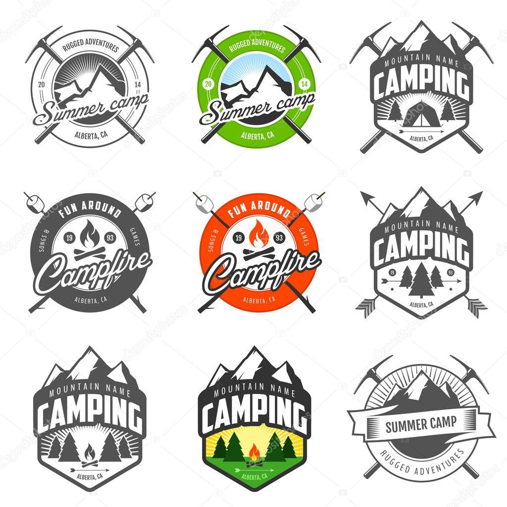 Set of vintage camping labels and badges