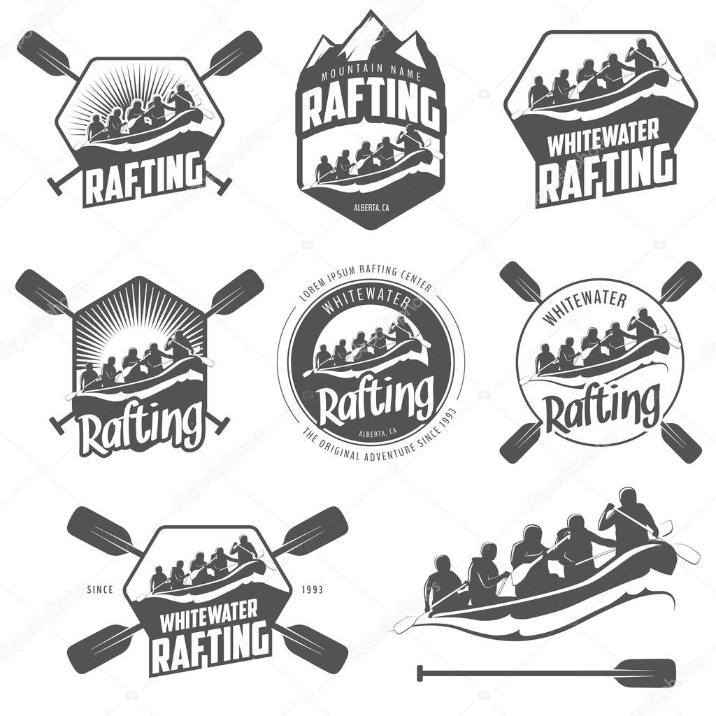 Set of whitewater rafting labels and badges