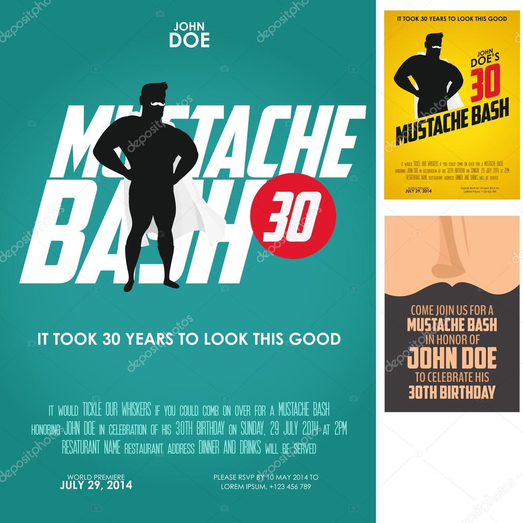 Set of 3 mustache bash adult birthday invitations