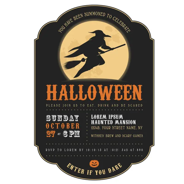 Halloween pozvánky s čarodějnice létající na koštěti — Stockový vektor