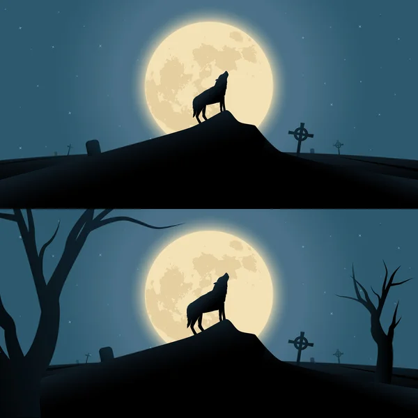 Halloween sfondo con lupo mannaro ululare al chiaro di luna — Vettoriale Stock