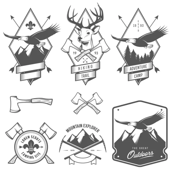 Étiquettes, badges et éléments de design vintage randonnée et camping — Image vectorielle