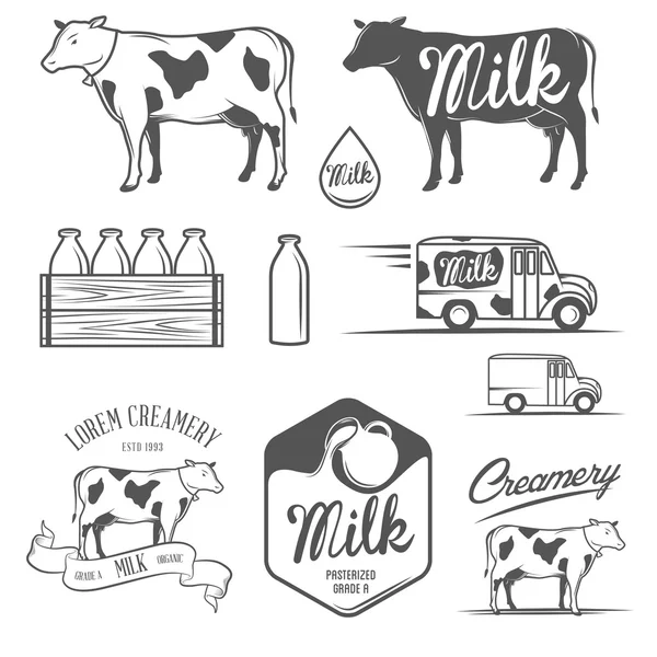 Set of milk and creamery labels, emblems and design elements — Stock Vector