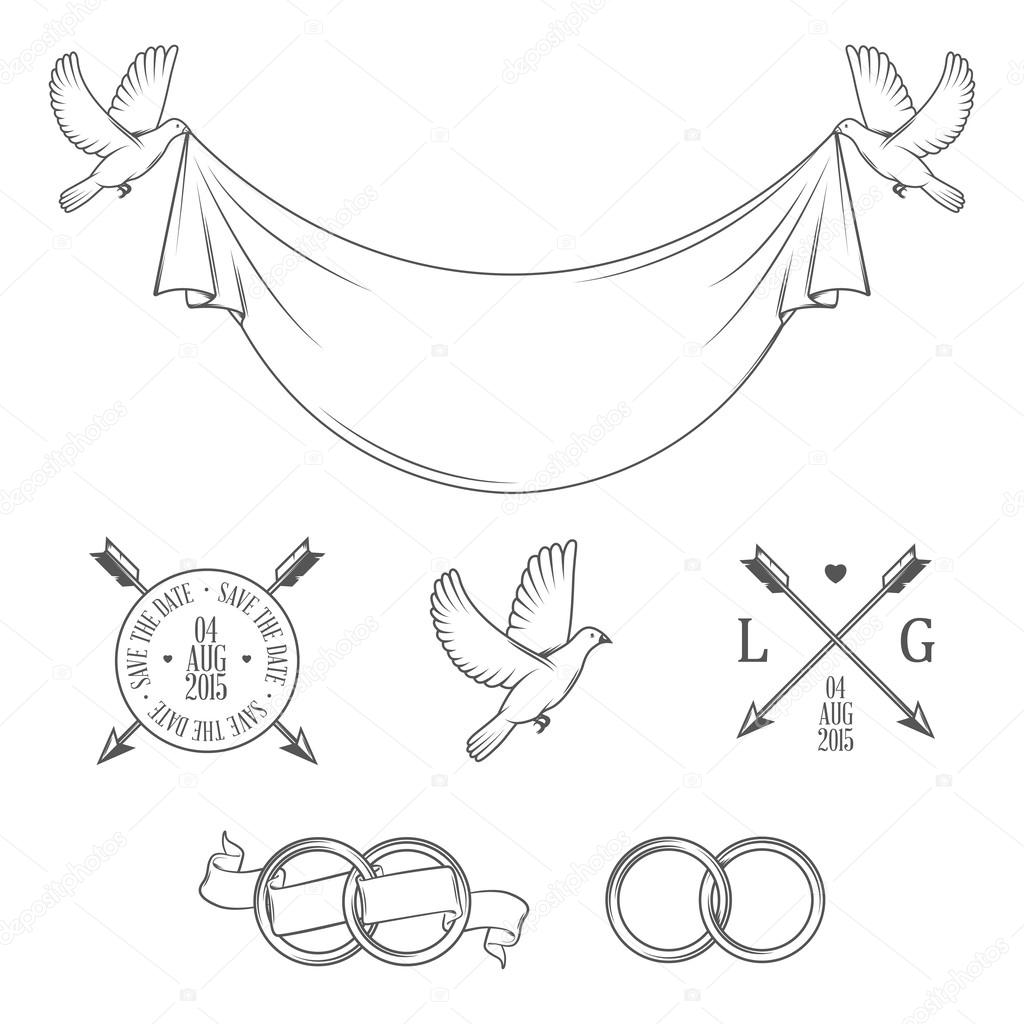 Set of stamps and wedding invitation design elements