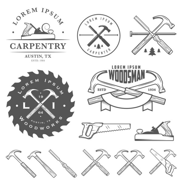 Set of vintage carpentry tools, labels and design elements
