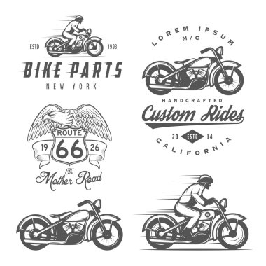 Retro motosiklet etiketleri, rozetleri ve tasarım öğeleri kümesi