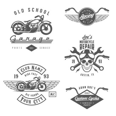Retro motosiklet etiketleri, rozetleri ve tasarım öğeleri kümesi