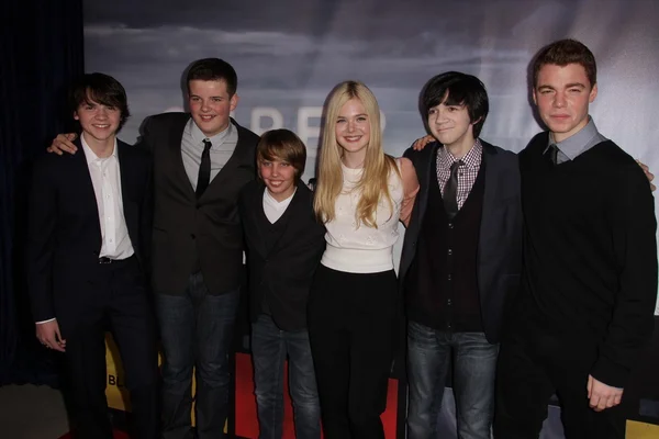 Joel Courtney, Riley Griffiths, Ryan Lee, Elle Fanning, Zach Mills, Gabriel Basso at the "Super 8" Blu-ray And DVD Release Party, AMPAS Samuel Goldwyn Theater, Beverly Hills, CA 11-22-11 — Stock Photo, Image