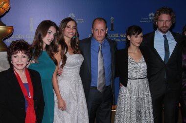 Aida Takla-OReilly, Rainey Qualley, Sofia Vergara, Woody Harrelson, Rashida Jones, Gerard Butler at the 69th Annual Golden Globe Awards Nominations, Beverly Hilton Hotel, Beverly Hills, CA 12-15-11 clipart