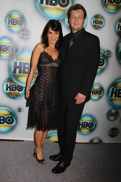 Perrey Reeves and Nathan Fillion at the HBO 2012 Golden Globe Awards Post Party, Beverly Hilton Hotel, Beverly Hills, CA 01-15-12 — Stok fotoğraf