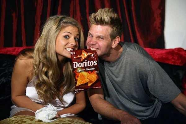 Bridgetta Tomarchio, Barrett Mitchell on the set of Bridgetta's Crashing the Superbowl Doritos Commercial Shoot, Private Location, Los Angeles, CA. 11-06-10 — Stock Photo, Image