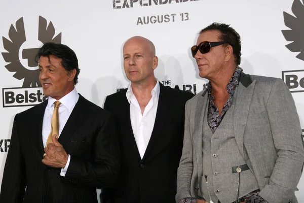 Sylvester Stallone and Bruce Willis and Mickey Rourke — Stock Photo, Image