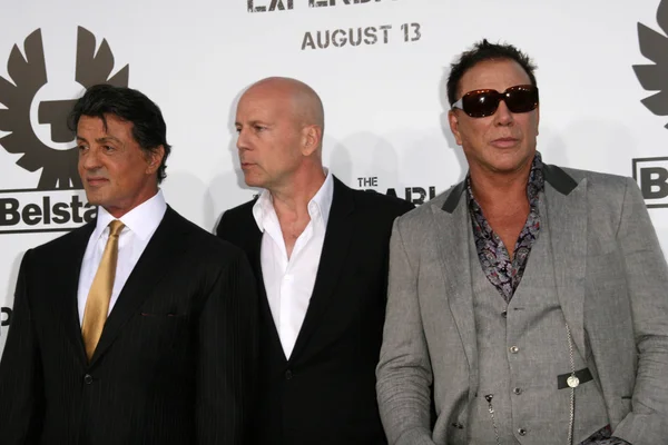 Sylvester stallone och bruce willis och mickey rourke — Stockfoto