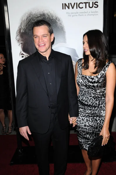 Matt Damon and wife Luciana Barroso at the "Invictus" Los Angeles Premiere, Academy of Motion Picture Arts and Sciences, Beverly Hills, CA. 12-03-09 — Stock Photo, Image