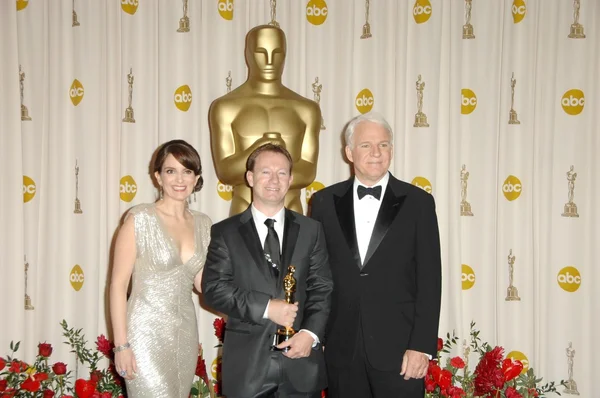 Tina Fey with Simon Beaufoy and Steve Martin — Stock Photo, Image