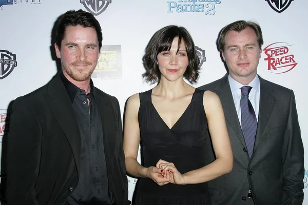 Christian Bale with Maggie Gyllenhaal and Christopher Nolan — Stock Photo, Image