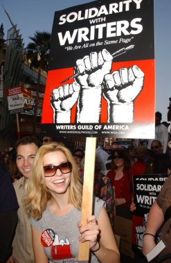 Masiela Lusha at a Writers Guild of America protest on Hollywood Boulevard. Hollywood, CA. 11-20-07
