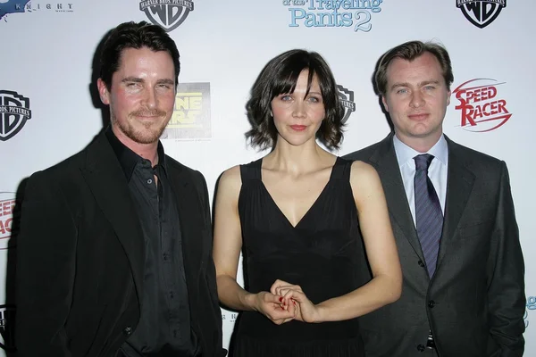 Christian Bale con Maggie Gyllenhaal e Christopher Nolan — Foto Stock