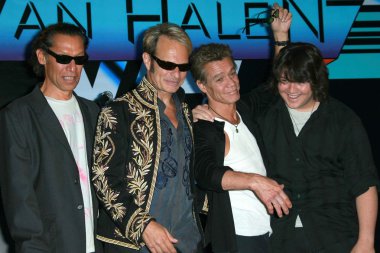 Alex van halen ve david lee roth ile eddie van halen ve wolfgang van halen van halen reunion tur basın toplantısında. dört mevsim hotel, los angeles, ca. 08-13-07