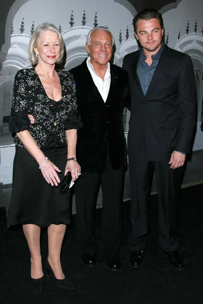 Helen Mirren with Giorgio Armani and Leonardo DiCaprio — Stock Photo, Image