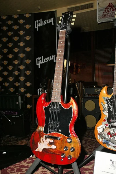 Keifer Sutherlands egyéni díszített gitár előteremteni az expedíció inspiráció alap Breast Cancer Research, Hard Rock Cafe, Los Angeles, Ca, 05 / 03 / 05 elárverezik — Stock Fotó