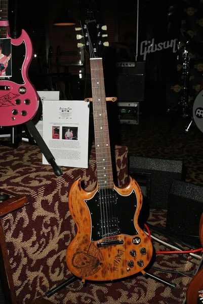 Aerosmiths custom decorated guitar that will be aucated out to fund for Expedition Inspired Fund for Breast Cancer Research, Hard Rock Cafe, Los Angeles, CA 05-03-05 — стоковое фото