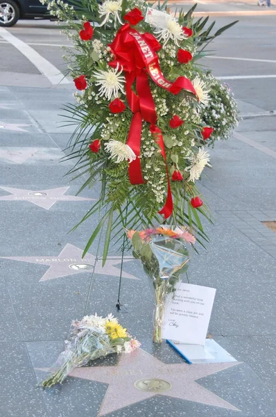 花と女優のファンが賛辞の花輪ジャネット ・ リー彼女のハリウッドの名声の星のツルの通りの上を歩く — ストック写真