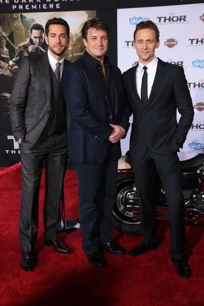 Zachary Levi, Tom Hiddleston e Ray Stevenson — Fotografia de Stock