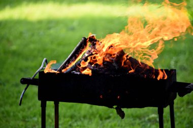 Yazın yeşil çimlerin ve yaprakların arka planında kömür ızgarasında alevler. Seçici odak 
