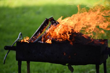 Yazın yeşil çimlerin ve yaprakların arka planında kömür ızgarasında alevler. Seçici odak 