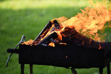 Yazın yeşil çimlerin ve yaprakların arka planında kömür ızgarasında alevler. Seçici odak 