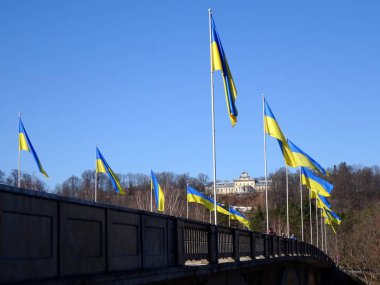                   Sigulda yakınlarındaki Gauja nehri üzerindeki köprüde bir sürü Ukrayna bayrağı var.             