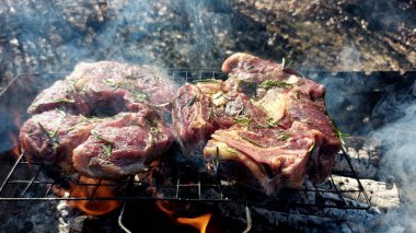 Kömürde pişirilmiş iki parça biftek. Biftek ızgaranın ızgarasında pişiyor.