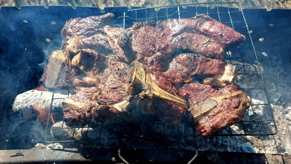 Kömürde pişirilmiş iki parça biftek. Biftek ızgaranın ızgarasında pişiyor.