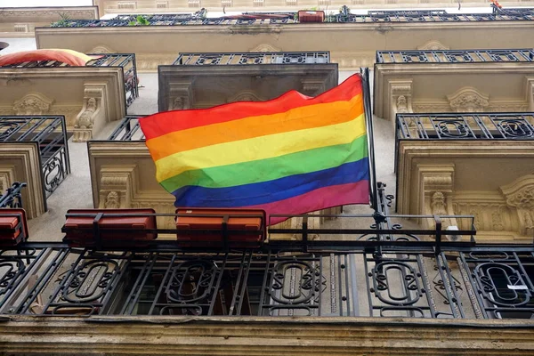 Lgbt Community Gay Club with Rainbow Flag on the Facade of a Brick