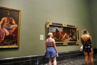             MADRID, SPAIN, JULY 11, 2022: Interior of the Museum de Prado. The Prado Museum, officially known as Museo Nacional del Prado, is the main Spanish national art museum, located in central Madrid.                   