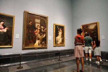             MADRID, SPAIN, JULY 11, 2022: Interior of the Museum de Prado. The Prado Museum, officially known as Museo Nacional del Prado, is the main Spanish national art museum, located in central Madrid.                   