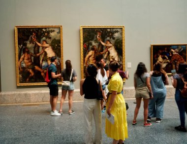             MADRID, SPAIN, JULY 11, 2022: Interior of the Museum de Prado. The Prado Museum, officially known as Museo Nacional del Prado, is the main Spanish national art museum, located in central Madrid.                   