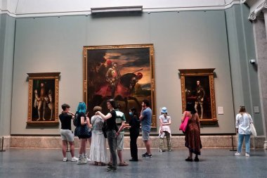             MADRID, SPAIN, JULY 11, 2022: Interior of the Museum de Prado. The Prado Museum, officially known as Museo Nacional del Prado, is the main Spanish national art museum, located in central Madrid.                   