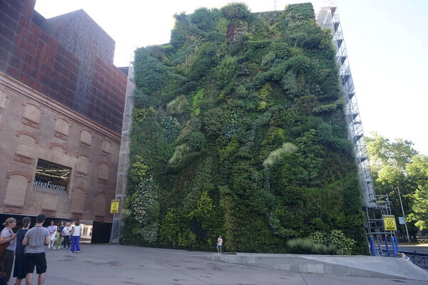 MADRID, SPAIN, JUNE 19, 2022: Vertical garden on the Paseo del Prado Boulevard next to the contemporary art center. Green wall in Madrid. Facade of plants by botanist Patrick Blanc.