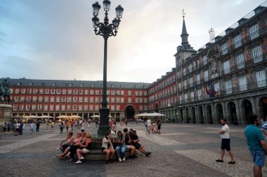 Madrid, Spain - June 13, 2022: Plaza Mayor square in Madrid in a beautiful summer evning                               