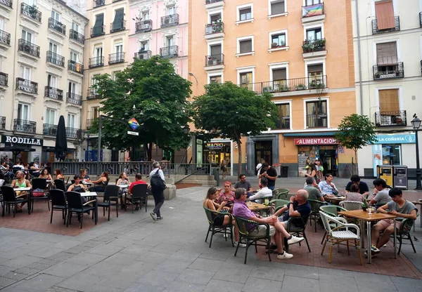 Madrid Spain June 2022 Castiza Chueca Square Its Terraces Bars — Fotografia de Stock