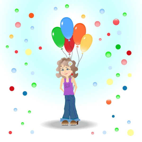A menina com balões multicoloridos . — Vetor de Stock