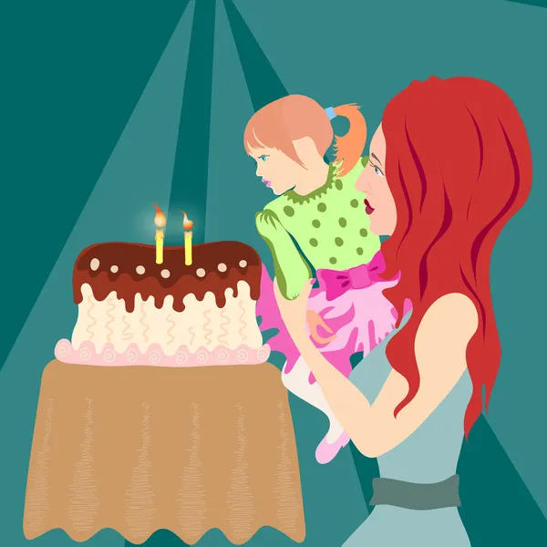 Meisje, zittend op de mama's handen blazen kaarsen op een verjaardag cake. — Stockvector