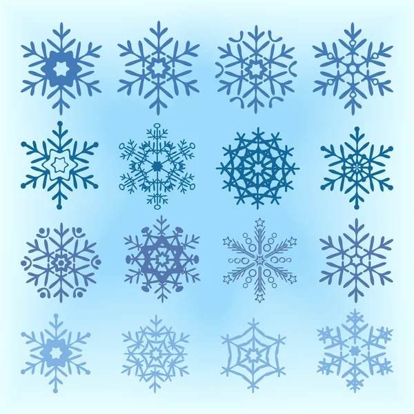 Set of different shape and color snowflakes on blurred background. — Stock Vector