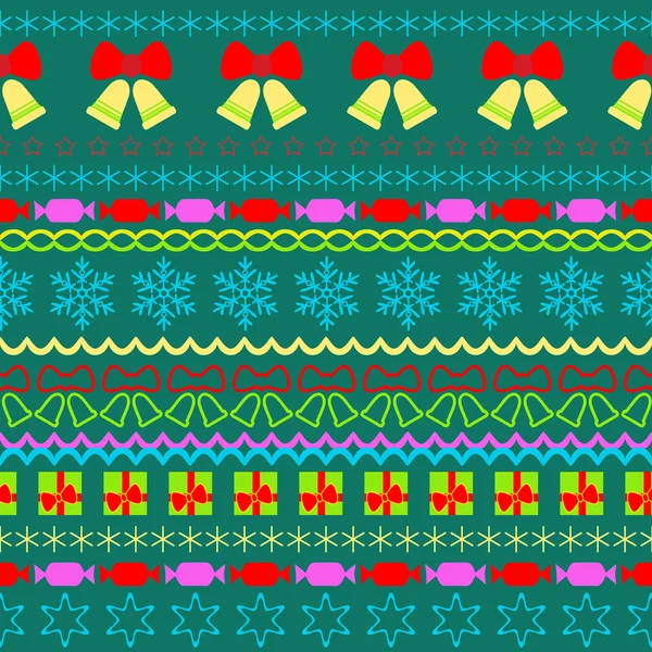Nahtloses Muster in Reihen von Glocken, Geschenken, Schneeflocken auf grünem Hintergrund. — Stockvektor